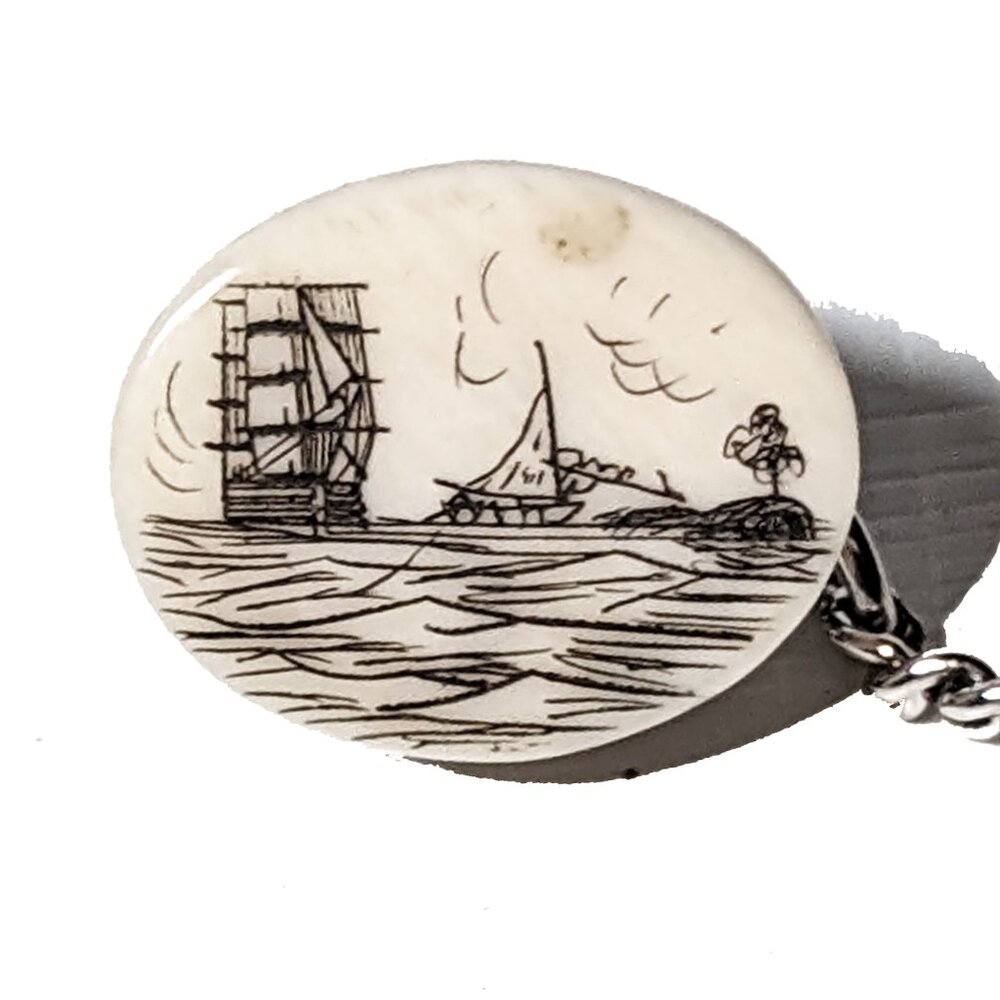 Scrimshaw Clipper ship Sail Boat Nautical Tie tack ACE. Alaska